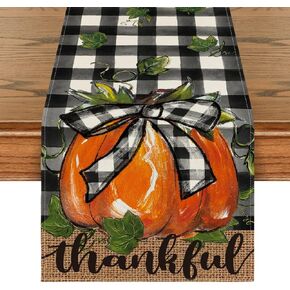 Artoid Mode Buffalo Plaid Bowknot Pumpkin Thankful Fall Table Runner, Autumn Thanksgiving Kitchen Dining Table Decoration for Home Party Decor 13x72 Inch