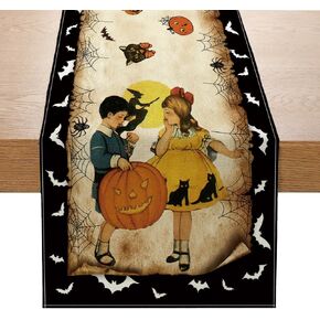 Vintage Halloween Table Runner Halloween Decorations - Black Vintage Style Boy Girl Bat Pumpkin Happy Halloween Trick or Treat Home Kitchen Dining Table Decor, Halloween Party Decorations 13 x 72 Inch