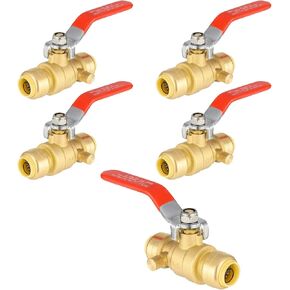 5-PCs Push Fit Ball Valve with Drain, 1/2-Inch Push-to-Connect PEX Fitting with Disconnect Clip, for PEX,Copper,CPVC,PE-RT Pipes, Red