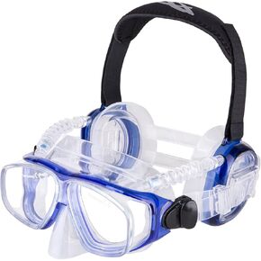 IST ProEar Dive Mask with Ear Covers, Scuba Diving Pressure Equalization Gear, Tempered Glass Twin Lens (Blue)