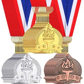 36 Pcs Gold Silver Bronze Award Medals Bulk Torch Winner Medals Prize with Neck Ribbon for Adults Competitions Games Sports Events Party Favors and Decorations, 2 Inch