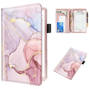WAVEYU Server Book for Waitress Book with Zipper Pocket, Cute Server Books for Waiter Leather, Money Organizer Wallet, Cash Check Bill Receipt Holder Presenter, 8x5 inch, Mushroom Pattern