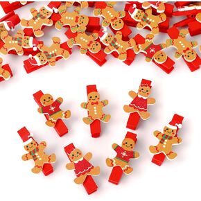 JarThenaAMCS 120Pcs Christmas Wooden Clip with 32.8ft Jute Twine Red Gingerbread Man Craft Clip Photo Peg Pin Xmas Winter Clothespin for Card Picture DIY Supplies