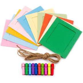 AKOAK 30 Pcs DIY Kraft Cardboard Photo Frames, Colorful Wall Decoration Hanging Photo Frames with Wooden Clips and Rope, 10 colors, for school, office, home Decor (5" x 7")