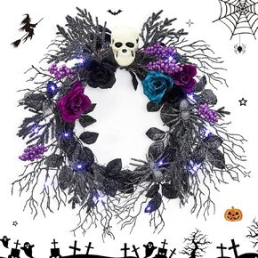 Halloween Wreath with Lights, 20 Inch Gothic Skull Wreath for Front Door Decor with 3 Color Roses, Spiders and Purple Berries for Indoor Outdoor Wall, Window, Porch