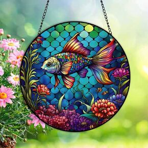 HOTIYOK Fish Stained Acrylic Window Hangings Panels Flowers Ocean Wall Art Decoration for Kitchen Living Room Birthday Gifts for Women Mom Grandma