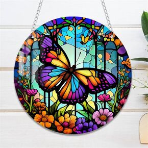 WOHAHA Butterfly Flower Stained Acrylic Window Hanging Panels Indoor Outdoor Round Windows Hanger Kitchen Bedroom Garden Wall Art Decor Gifts for Women Mom Grandma Teacher