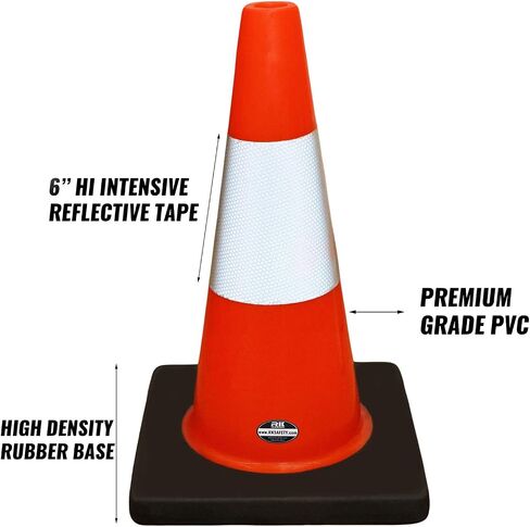 (Set of 24) 18" Rk Orange Safety Traffic PVC Cones, Black Base, with One Reflective Collar in Kuwait