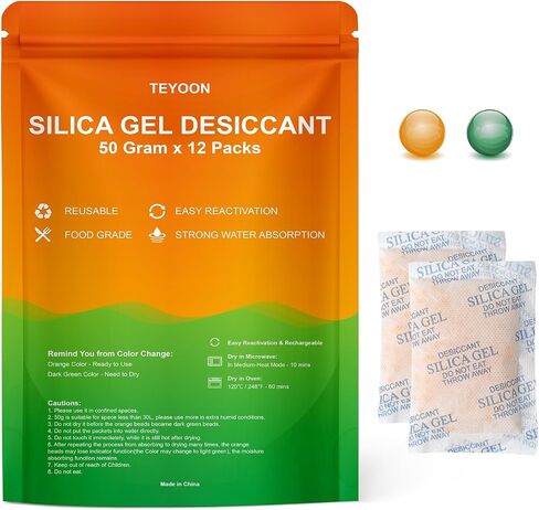 Silica Gel Packets Food Grade 50 Gram x 12 Packs Microwave Fast Reactivate Moisture Absorbers with Color Indicating, Premium Desiccant Packs for Food Spices Electronics Closet Jewelry Storage Tool Box in Saudi Arabia