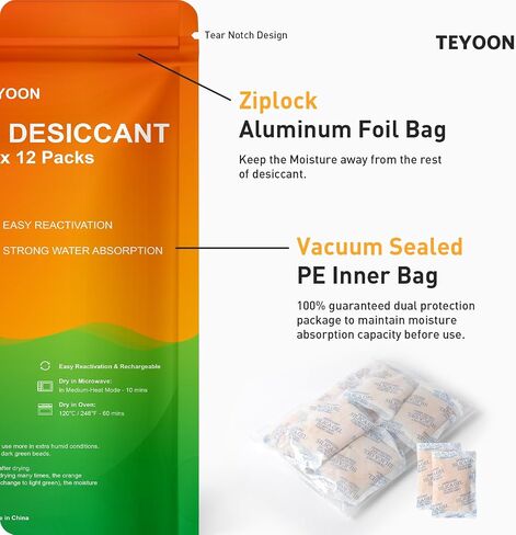 Silica Gel Packets Food Grade 50 Gram x 12 Packs Microwave Fast Reactivate Moisture Absorbers with Color Indicating, Premium Desiccant Packs for Food Spices Electronics Closet Jewelry Storage Tool Box in Saudi Arabia