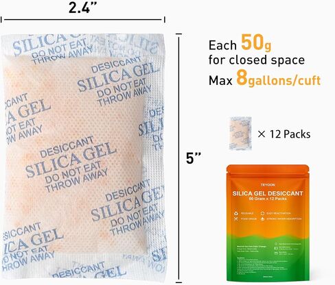 Silica Gel Packets Food Grade 50 Gram x 12 Packs Microwave Fast Reactivate Moisture Absorbers with Color Indicating, Premium Desiccant Packs for Food Spices Electronics Closet Jewelry Storage Tool Box in Saudi Arabia