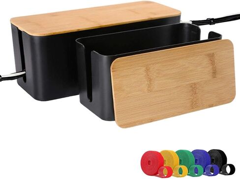 [مجموعة من ثلاثة] منظم صندوق إدارة الكابلات، حامل أسلاك تخزين كبير بغطاء من الخيزران للمنزل والمكتب والمطبخ والتلفزيون والكمبيوتر - مثالي لتغطية واقي التيار المتردد وشرائط الطاقة والأسلاك (أبيض) in Kuwait