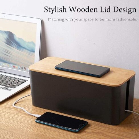 [مجموعة من ثلاثة] منظم صندوق إدارة الكابلات، حامل أسلاك تخزين كبير بغطاء من الخيزران للمنزل والمكتب والمطبخ والتلفزيون والكمبيوتر - مثالي لتغطية واقي التيار المتردد وشرائط الطاقة والأسلاك (أبيض) in Kuwait