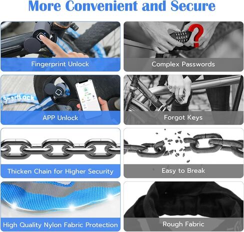 قفل سلسلة الدراجة من eseesmart، أقفال الدراجة ببصمة الإصبع شديدة التحمل ضد السرقة، أقفال دراجة أمان بطول 3.28 قدم مع التطبيق، قفل كابل ذكي مقاوم للماء للدراجة، الدراجة، سكوتر، دراجة نارية، باب، بوابة، سياج in Kuwait