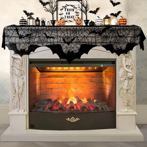OurWarm Halloween Mantel Scarf Black Lace الموقد ديكور رف، ديكورات حفلات الهالوين في الأماكن المغلقة لمستلزمات الحفلات الاحتفالية، غطاء النافذة والمدفأة مع ديكور شبكة العنكبوت 78 × 19 بوصة in Kuwait