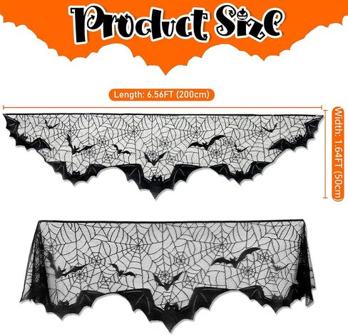OurWarm Halloween Mantel Scarf Black Lace الموقد ديكور رف، ديكورات حفلات الهالوين في الأماكن المغلقة لمستلزمات الحفلات الاحتفالية، غطاء النافذة والمدفأة مع ديكور شبكة العنكبوت 78 × 19 بوصة in Kuwait