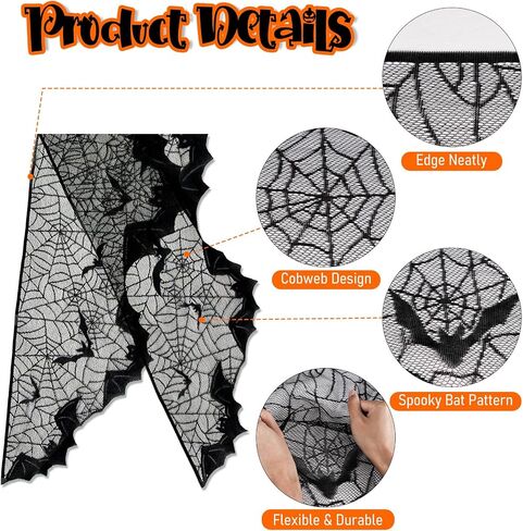 OurWarm Halloween Mantel Scarf Black Lace الموقد ديكور رف، ديكورات حفلات الهالوين في الأماكن المغلقة لمستلزمات الحفلات الاحتفالية، غطاء النافذة والمدفأة مع ديكور شبكة العنكبوت 78 × 19 بوصة in Kuwait