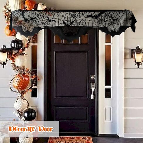 OurWarm Halloween Mantel Scarf Black Lace الموقد ديكور رف، ديكورات حفلات الهالوين في الأماكن المغلقة لمستلزمات الحفلات الاحتفالية، غطاء النافذة والمدفأة مع ديكور شبكة العنكبوت 78 × 19 بوصة in Kuwait