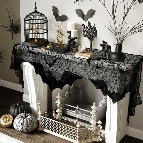 OurWarm Halloween Mantel Scarf Black Lace الموقد ديكور رف، ديكورات حفلات الهالوين في الأماكن المغلقة لمستلزمات الحفلات الاحتفالية، غطاء النافذة والمدفأة مع ديكور شبكة العنكبوت 78 × 19 بوصة in Kuwait