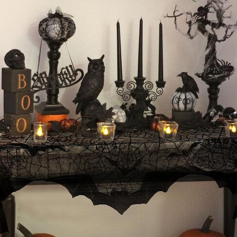 OurWarm Halloween Mantel Scarf Black Lace الموقد ديكور رف، ديكورات حفلات الهالوين في الأماكن المغلقة لمستلزمات الحفلات الاحتفالية، غطاء النافذة والمدفأة مع ديكور شبكة العنكبوت 78 × 19 بوصة in Kuwait