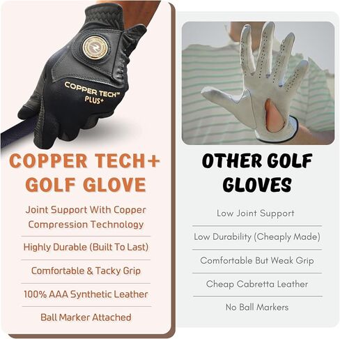 Copper Tech Men's Golf Gloves - Optimal Wrist Support with Copper Infused Thread - 100% AAA Synthetic Tacky Leather - Perfect for Summer & Fall Golfing - Golf Gloves Men (Hand Orientation: Both Hand) in Saudi Arabia