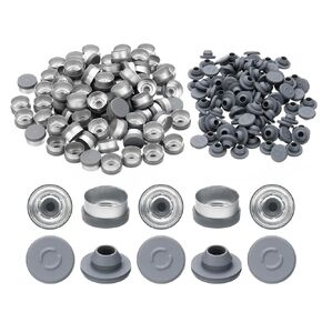 PATIKIL 100 Set 13mm Flip Off Caps, 13mm Vials Rubber Stoppers Flip Off Seals Self Injection Ports Butyl Rubber Plastic Aluminum Caps for Glass Vial