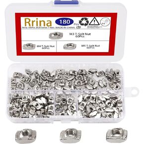 180Pcs 2020 Series Nickel Plated Carbon Steel T Nuts, M3 M4 M5 T Slot Nut Hammer Head Fastener for Aluminum Profile
