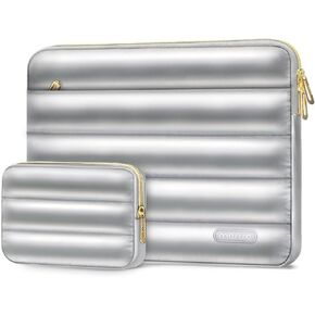 MOSISO Shiny Puffy Laptop Sleeve 13-14 inch, Carrying Case for Women Compatible with MacBook Air 13 inch M2 M1, Compatible with MacBook Pro 13/14, Polyester Horizontal Bag Cover with Small Case,Silver