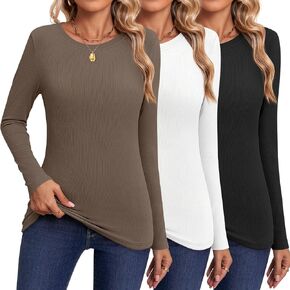 3 Pack Women's Ribbed Long Sleeve Thermal Tops Crew Neck Fitted Shirts Winter Basic Base Layer Undershirt Tee