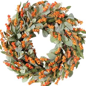 20 Inch Fall Wreath Harvest Orange Flowers Grain Wreath for Front Door, Everyday Lamb Ears Leaves with Yellow Orange Artificial Flower Wreath for Indoor and Outdoor, Rustic and Farmhouse Wreath