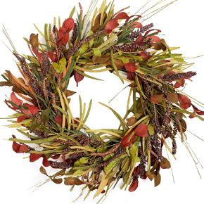 TEMPUS 18"Autumn Red Leaves Wreath,Harvest and Thanksgiving Front Door Wreath with Leaves and Grain,Fall Leaves Wreath for Indoor and Outdoor Wedding Thanksgiving Decoration.