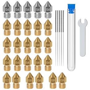 26PCS MK8 Nozzles 3D Printer Extruder Nozzle Stainless Steel, Brass High Temperature Pointed Wear Resistant Nozzle with 5PCS Cleaning Needles and Wrench for Makerbot Creality CR-10 Ender 3 5
