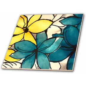 3dRose ct_32104_4 Teal and Yellow Floral Ceramic Tile, 12"