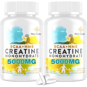 8-in-1 Creatine Monohydrate with BCAA & HMB, 5000 mg for Men & Women, Creatine Chews for Muscle, Recovery, Endurance & Strength, High Absorption, Lemon Flavor, Sugar-Free, 180 Tablets