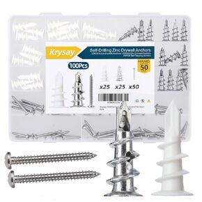100PCS Dry Wall Anchors and Screws Kit,#8 Nylon & Zinc Wall Anchors for Drywall Heavy Duty,50Pcs Self Drilling Sheetrock Anchors +50Pcs Screws,Hold Up to 50LBs,Mounting Shelves,Curtain Rod