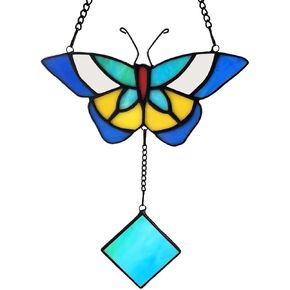 Butterfly Stained Glass Window Hanging, Handmade Stained Glass Butterfly Suncatcher Panels Birthday Gifts for Mother, Father, Grandma, Grandpa, Dark Blue
