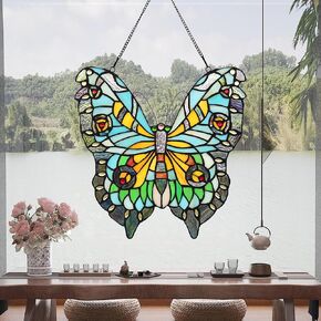 YOURANJU Stained Glass Window Hanging Sea Blue Butterfly Handicraft Glass Window Panel 12" Tiffany Animal Style Window Suncatcher Perfect Window Hangings Housewarming Gift (With Chain Hook)