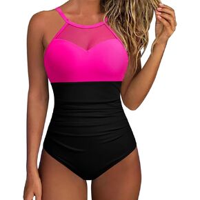 SUUKSESS Women Tummy Control One Piece Swimsuit Sexy Mesh High Neck Bathing Suit