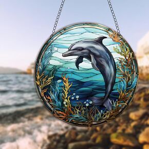 HOTIYOK Dolphins Stained Acrylic Window Hanging Panels Ocean Life Ornaments Home Wall Decoration Suncatcher for Windows Gift for Women Mom Grandma Sea Lover