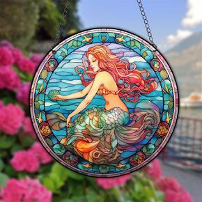 Mermaid Stained Acrylic Window Hanging Panels Indoor Outdoor Round Windows Hanger Kitchen Bedroom Garden Wall Art Decor Gifts for Women adults Grandma