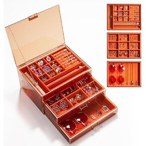 Jewelry Boxes For Women Large,Vintage Jewelry Box,3 Layer Glass Jewelry Box,Tempered Glass Velvet Soft Lining For Rings,Earrings,Necklace Bracelets,Watch,Handmade,Vibrant Orange