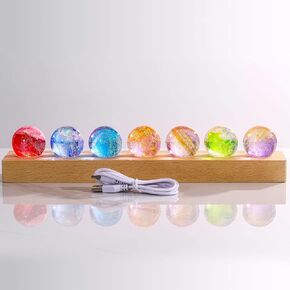 Movdyka Seven Colorful Glass Crystal Ball Desk Decorations Space theme Night Light Room Decor with LED Lamp Wooden Stand, Creative Birthday Gifts for Him, Kids, Teacher, Girlfriend - 1.57"(40mm)