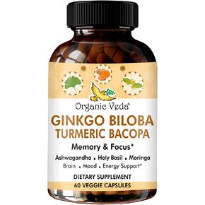 Organic Veda Ginkgo Biloba Turmeric Bacopa Brain Supplements for Memory & Focus - Ginkgo Biloba Brain Booster Supplement with Ashwagandha, Holy Basil, Moringa - Improves Energy Level - 60 Capsules