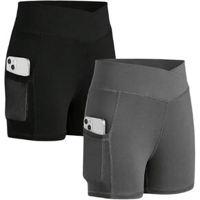 OYOANGLE Girl's 2 Pcs Cross High Waist Dance Yoga Biker Shorts Athletic Leggings Shorts with Pocket