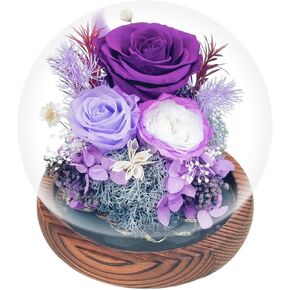 Zcions Purple Flowers Gifts For Women, Preserved Flower, Real Roses, Forever Flowers in Glass Dome with LED Strip, Christmas Valentine's Day Mother's Day And Birthday Gifts For Mom Friend