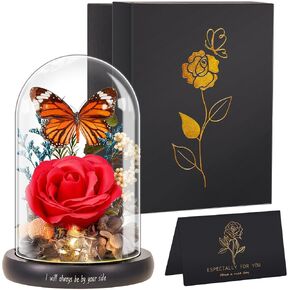 Preserved Flower Gift, Light Up Red Real Rose and Beautiful Real Butterflies in Glass Dome Suitable Christmas, Anniversary, Valentine's Day gift for Women, Wife, Girlfriend Forever Eternal Rose Gift