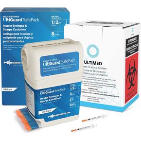 3 في 1: مجموعة محاقن الأنسولين الآمنة من UltiGuard، وحاوية الأدوات الحادة ومواد التخلص من البريد المدفوع مسبقًا لحقن الأنسولين في المنزل والتخلص الآمن من الإبرة، الحجم: 1/2 سم مكعب/مل 31 جم × 8 مم (5/16 بوصة)، 100 عدد in Kuwait