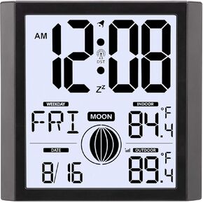 Atomic Wall Clock with Indoor Outdoor Temp Backlight Digital Wall Clock Battery Operated Moon Phases Large Number Display Silent Analog Clock for Kitchen Office Living Room Desk Bedroom Shower
