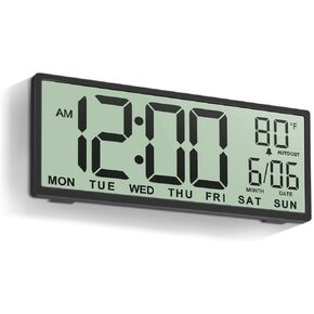 JALL 14.5" Large Digital Wall Clock Battery Operated with Big Digits LCD Screen Display, Day, Date, Alarm, Auto DST, Temperature for Living Room, Bedroom, Desk Decor, Mounted, Gift for Elderly