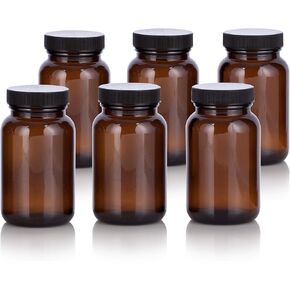 JUVITUS 5 oz Amber Glass Packer Bottle with Black Ribbed Lid (6 pack)